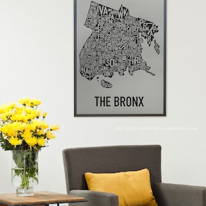 Bronx, New York Neighborhood Map Poster or Print, Original Artist of Type City Neighborhood Map Designs, Bronx Map Art