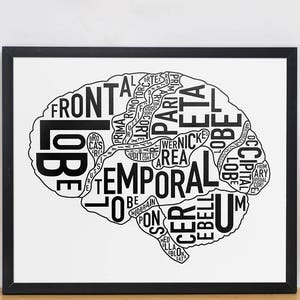 Brain Typography Anatomy Art Poster or Screen Print, Graduation Gift, Doctor Gift, Office Decor Artwork, Brain Artwork 15x12.5 B&W Poster