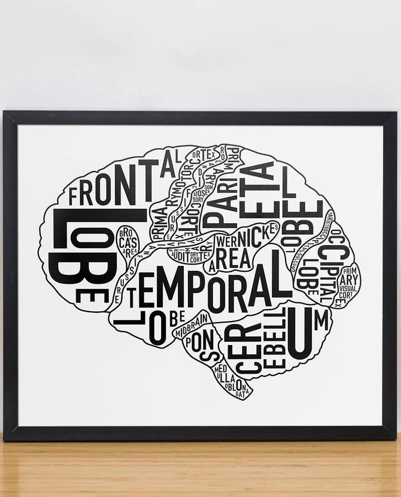 Brain Typography Anatomy Art Poster or Screen Print, Graduation Gift, Doctor Gift, Office Decor Artwork, Brain Artwork 15x12.5 B&W Poster
