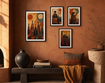 Conjunto de arte abstracto africano para pared, figuras celestiales rústicas de estilo bohemio, decoración terrosa (descarga digital)