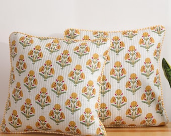 Set van 2 gewatteerde katoenen kussenhoezen met bloemenprint, boho woondecoratie