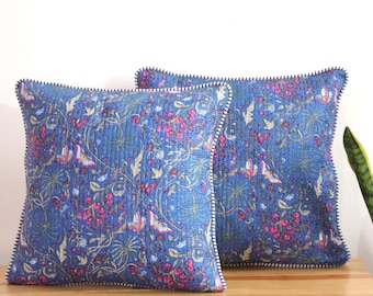 Set van 2 gewatteerde katoenen kussenhoezen, blauwe kussenhoezen met bloemenprint, boho woondecoratie