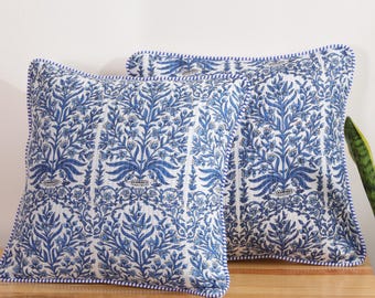 Set van 2 blauwe, gewatteerde kussenhoezen met bloemenprint, katoenen kussenhoezen, boho woondecoratie
