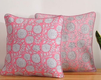 Set van 2 gewatteerde katoenen kussenhoezen met roze bloemenprint, boho woondecoratie