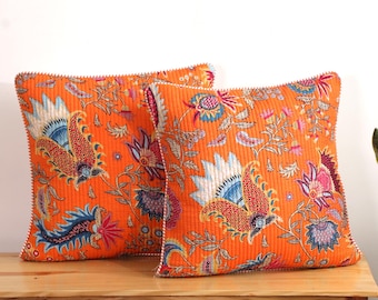 Oranje kussenhoes met bloemenprint 16x16 cm, boho gewatteerde kussenhoes, kleurrijk katoenen sierkussen, boho woondecoratie, decoratieve kussenset van 2