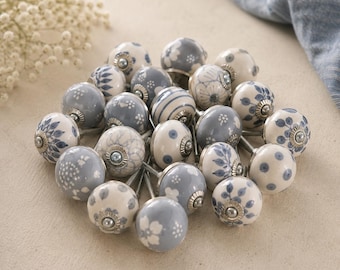 Grey White Ceramic Floral Knobs – Hand Painted Drawer Pulls, Farmhouse Cottagecore Hardware