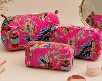 Roze gewatteerde toilettasjesset met bloemenprint, waterdichte katoenen make-uptas, boho reisorganizer, cadeau voor vrouwen