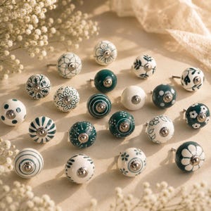 Pomelli in ceramica dipinti a mano, maniglie per cassetti floreali verdi e bianche, accessori per mobili in stile boho.