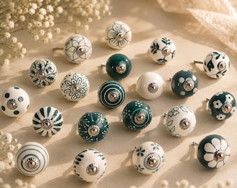 Hand Painted Ceramic Knobs, Green White Floral Drawer Pulls, Boho Furniture Hardware
