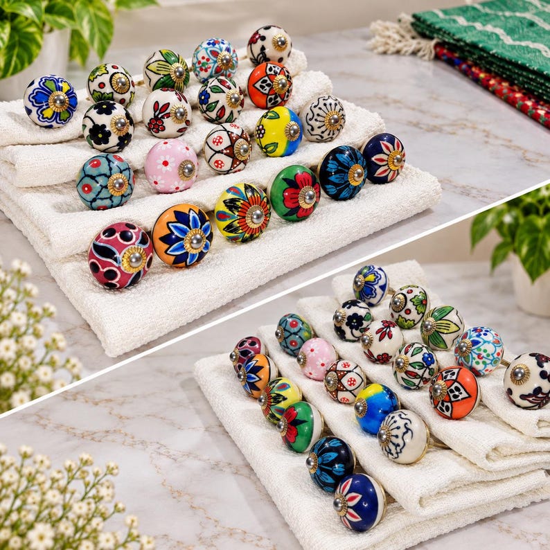 May include: A collection of round ceramic cabinet knobs featuring various hand-painted floral and geometric patterns in vibrant colors including red, blue, yellow, green, pink, and black, arranged on white folded towels.