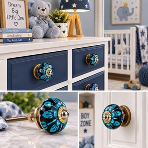 May include: A round ceramic cabinet knob featuring a black and bright blue floral pattern with a gold-toned metal base and a central silver-toned accent. The knob is shown installed on a dark blue drawer and as a standalone piece on a surface.