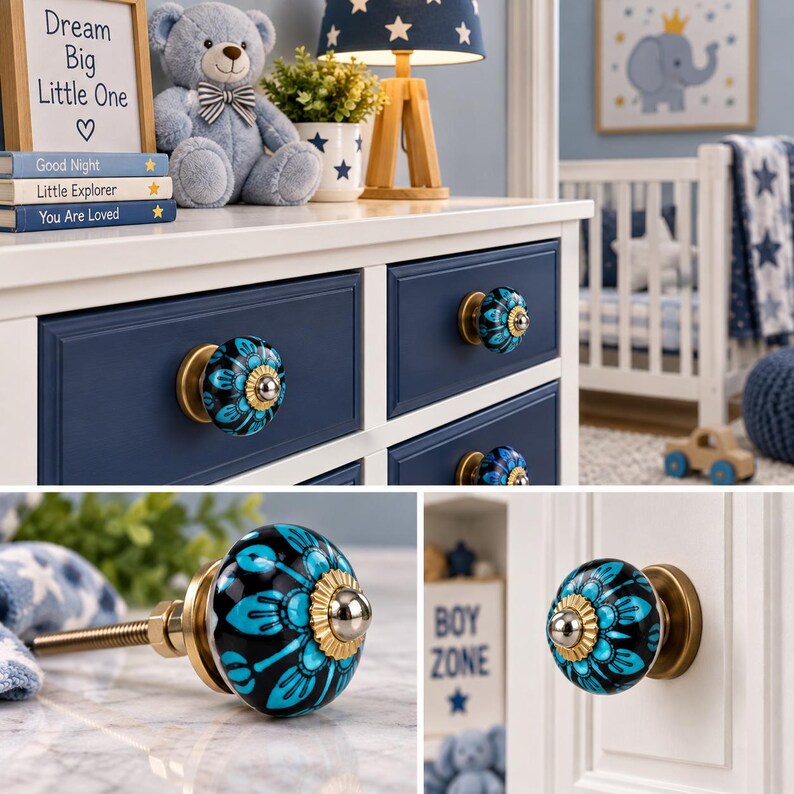 May include: A round ceramic cabinet knob featuring a black and bright blue floral pattern with a gold-toned metal base and a central silver-toned accent. The knob is shown installed on a dark blue drawer and as a standalone piece on a surface.