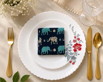 Katoenen servetten olifant blokprint, marineblauw turkoois boho boerderijtafeldecor