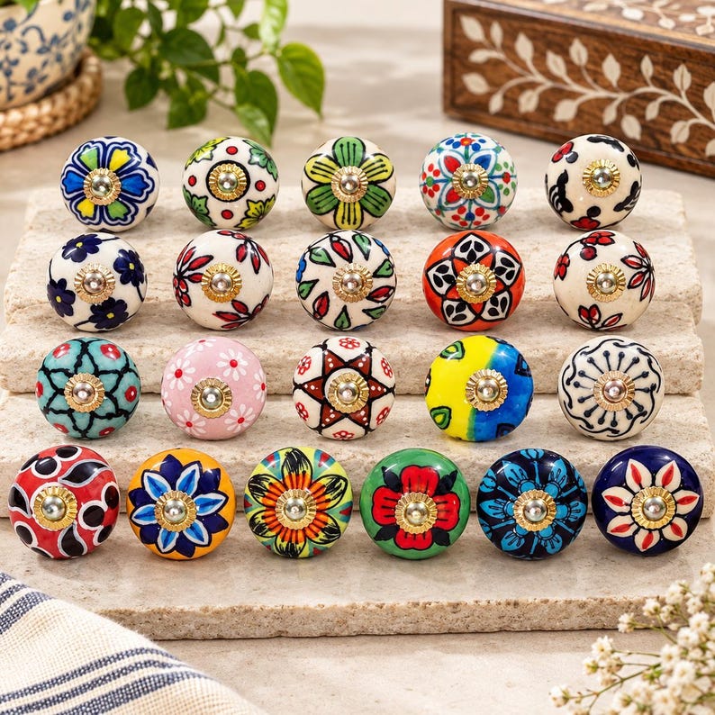 May include: A collection of nineteen round ceramic cabinet knobs arranged in four rows. Each knob features a unique hand-painted floral or geometric pattern in vibrant colors including red, blue, yellow, green, and pink, with a central metal screw.