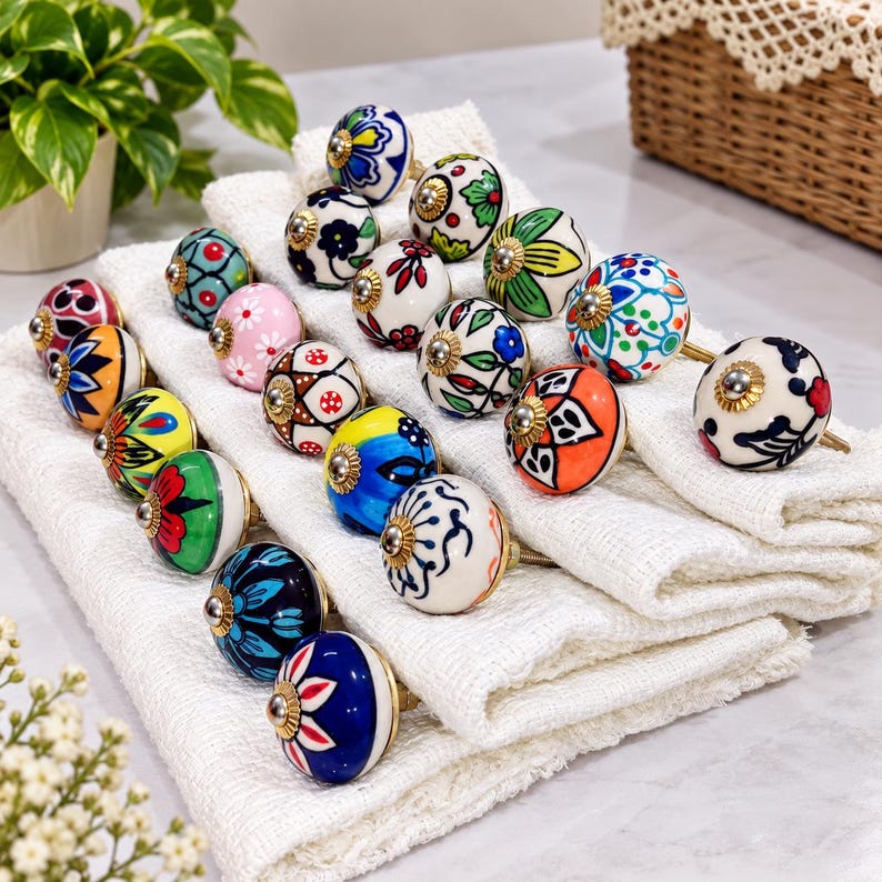 May include: A collection of round ceramic cabinet knobs featuring various hand-painted floral and geometric patterns in vibrant colors including blue, red, green, yellow, and pink, each finished with a central metallic silver-toned screw head.