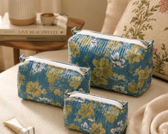 Make-up tasje blauw met bloemenprint, gewatteerde toilettas set, waterdichte reis-cosmetica-organizer kulturtasche