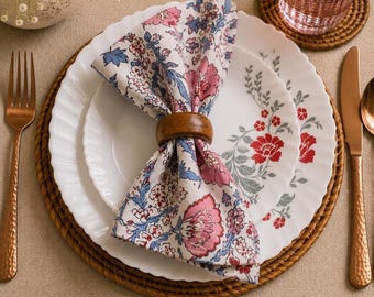 Set van 4, 6, 8 en 10 blauwe katoenen servetten met bloemenprint | Herbruikbare dinerservetten van 16x16 cm | Handgemaakt tafellinnen met blokdruk | Landelijke decoratie
