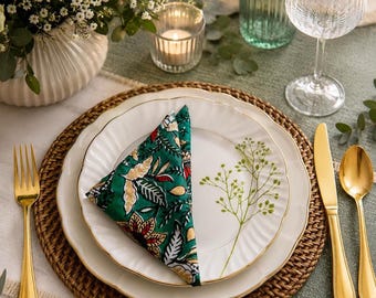 Servetten met blokdruk, groene katoenen servetten, handgemaakte tropische boerderijtafeldecoratie, cocktailservetten voor feestjes.