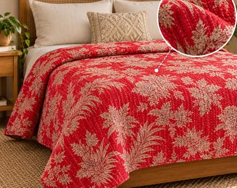 Rode Kantha-quilt met bloemenprint, Indiase sprei, boho katoenen plaid, handgemaakte quilt