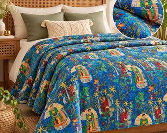 Blauwe katoenen Kantha-quilt, bedsprei met Indiase volkskunst, boho-beddengoed