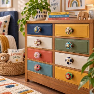 May include: A wooden dresser featuring eight drawers, each painted in a different color including blue, yellow, cream, green, and coral. Each drawer is fitted with a unique, round, hand-painted ceramic knob featuring floral and geometric patterns.