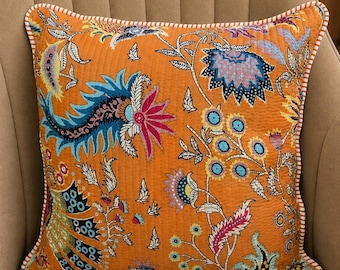 Oranje gewatteerde kussenhoes met bloemenprint, 40 x 40 cm, katoenen kussen, boho maximalistische accent
