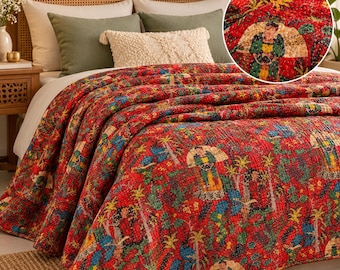 Rode Kantha-quilt, Indiase sprei, quilt met volkskunstmotief, boho-beddengoed, kleurrijke quilt