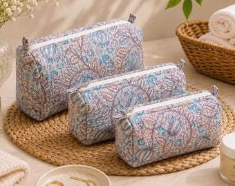 Gewatteerde make-uptasjes van katoen met bloemenprint, waterdichte boho cosmetica-organizer set van 3, reistas voor cosmetica voor dames, toilettasjes voor op reis