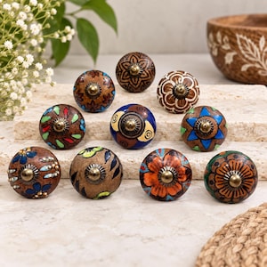 10 ceramicznych gałek do szafek, ręcznie malowane uchwyty do szuflad, okucia meblowe w stylu boho, ozdobne gałki do komody