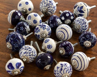 Blue White Ceramic Knobs – Hand Painted Floral Drawer Pulls, Boho Cabinet Hardware
