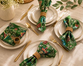 Groene katoenen servetten met bloemenprint | Botanische print, herbruikbaar tafellinnen, landelijke decoratie, cocktailservetten voor feestjes