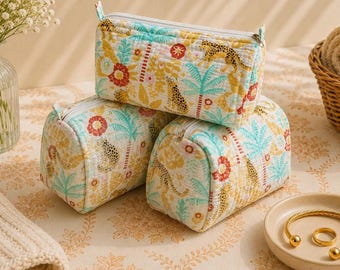 Gewatteerde toilettasjesset met safari-luipaardprint (3 stuks), make-uptasje met bloemenprint, katoenen cosmeticatasje, waterdichte reisorganizer, cosmeticatas voor dames