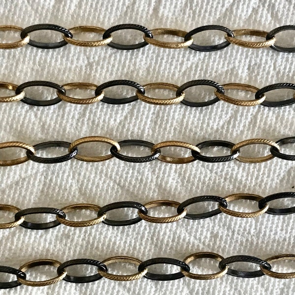 925 Sterling Silver Two Tone, Gold Vermeil & Black Rhodium Plated Marquise Shape l Textured Link Chain 7MM X 12MM X 2MM Wide