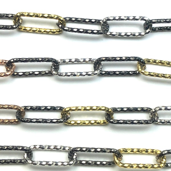 PaperClip Chain 925 Sterling Silver Four Tone Black Rhodium, Silver & Rose Gold Vermeil Long Oval Textured Link 15MM X 6MM X 1.5MMThick
