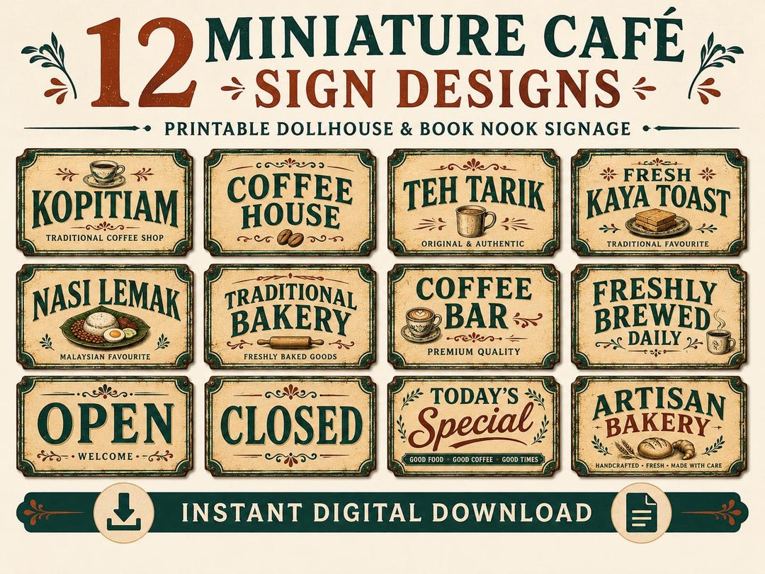 Miniature Café Sign Pack | Printable Dollhouse Signs | 1:12 Scale Book ...