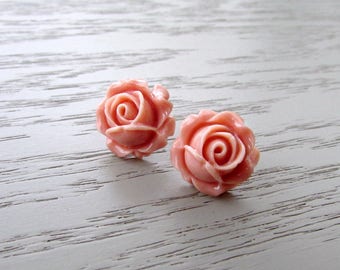 Pink Rose Earrings, Pink Rose Stud Earring, Pink Rose Studs, Big Flower Earring, Resin Post Earrings, Blush Bridesmaid Earrings, Rose Stud