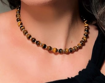 Tigerauge-Edelsteinkette, handgefertigte Perlenkette mit goldenem Statement-Verschluss