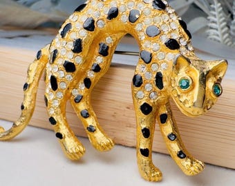 Gold Leopard Brooch, Vintage Pave Crystal Cheetah Pin with Black Enamel and Green Rhinestone Eyes