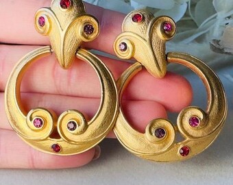Gold Door Knocker Earrings with Red and Pink Crystals, Vintage Statement Earrings, Bold Brushed Gold Hoop Clip On Earrings