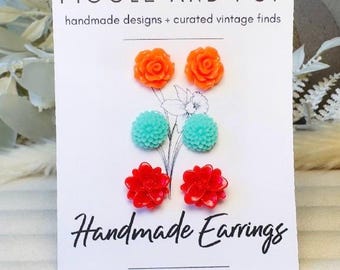 Flower Earring Stud Set in Orange, Teal and Red, Handmade Colorful Hypoallergenic Surgical Steel Post Earrings
