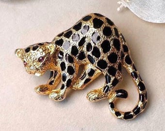 Vintage Park Lane Leopard Pendant Necklace With Monet Chain, Black