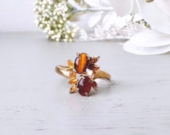 Vintage Tiger's Eye Ring Gold Tone, Fitted Size 8.25 Multistone Ring, Unique Gold and Brown Cocktail Ring, Retro Costume Ring