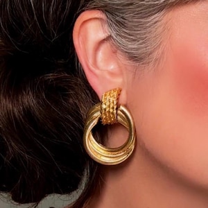 Vintage Gold Hoop Earrings, Stunning Gold Vintage Clip On Earrings, 1980s Huge Dramatic Door Knocker Earrings, Twisted Rope and Hoop