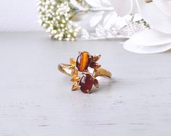 Vintage Tiger's Eye Ring Gold Tone Fitted Size 8.25 Bohemian Multistone Ring, Unique Gold and Brown Cocktail Ring, Retro Costume Ring