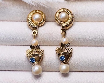 Vintage Perlen Ohrringe, Beachy Meerjungfrau Ohrringe mit Creme Perle Muschel und blauen Strass Fisch, Wunderliche durchbohrte Tropfen Ohrringe