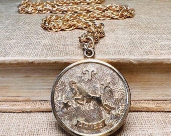 Aries Zodiac Necklace, Vintage Celestial Gold Coin Pendant, 20" Chain