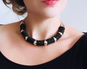 Gold and Black Beaded Necklace, Unique Seed Bead Choker, Cool Gold Bead Necklace with Black Beaded Glass Accents, Geometric Vintage Necklace