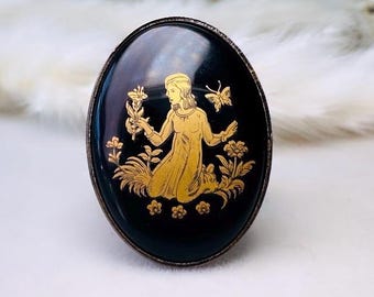 Virgo Zodiac Ring, Vintage Black Glass Cameo Astrology Ring, August September Birthday Gift, Adjustable Statement Ring