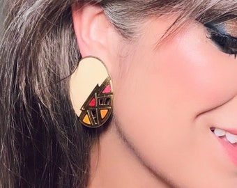 Vintage Statement Earrings, Bold Berebi Oval 80s Oversized Enamel Post Earrings in Cream, Pink, and Yellow
