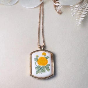 Yellow Flower Necklace, Vintage Cottagecore Floral Porcelain Pendant Necklace, November Birthflower Chrysanthemum Necklace